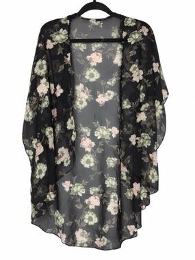 Sheer Black Floral Kimono Wrap‎ Open Front Chiffon Cardigan Cover Up Women
